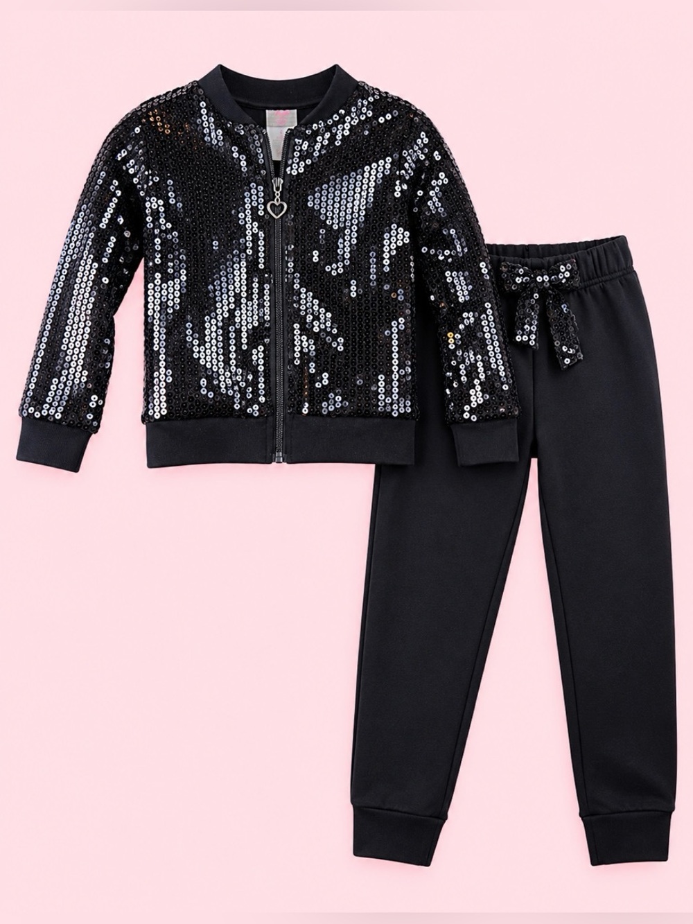 Angel Girls Black Sequin Zip Up Jacket & Jogger Pants Set Size 4